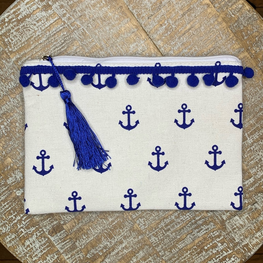 GS - Cream and Blue Pompom Anchor Print Makeup Bag
